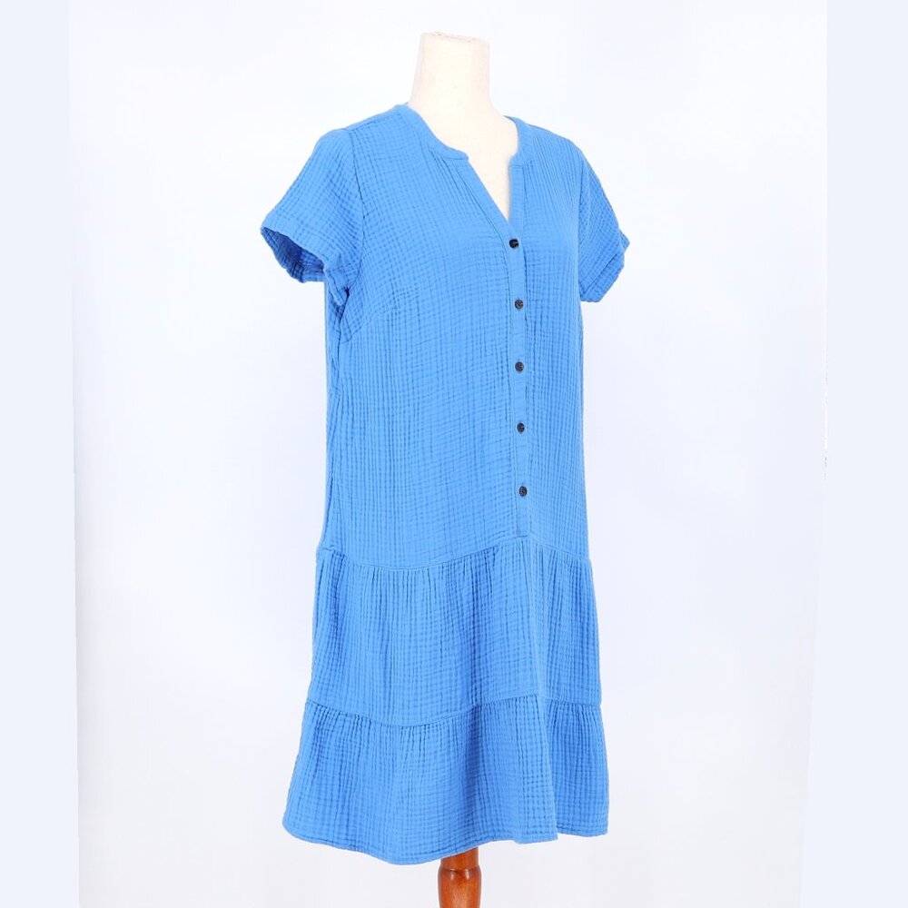 NWT J.JILL Cotton-Gauze Tiered Dress Front Button Short Sleeve in Cyan Blue MP - Picture 4 of 9